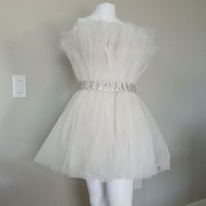 Bronx and Banco Cream Tulle Kids Dress with Silver Belt